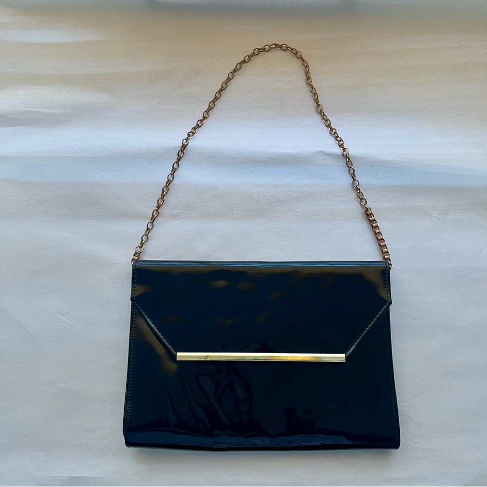 Jennifer Moore Elegant Black Chain Strap Clutch Evening Patent Leather Purse